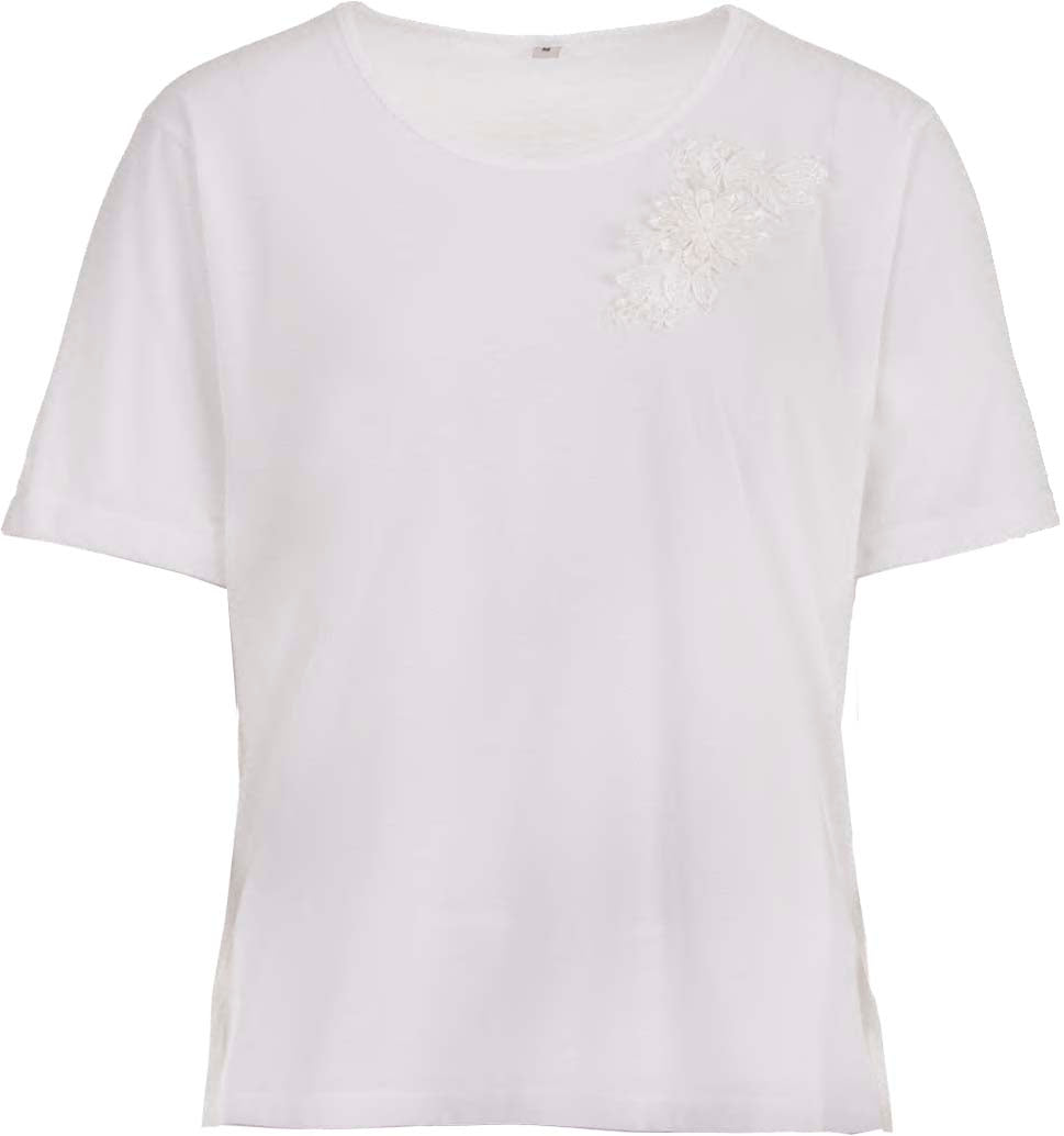 T-Shirt - Uni Blüten Stickerei