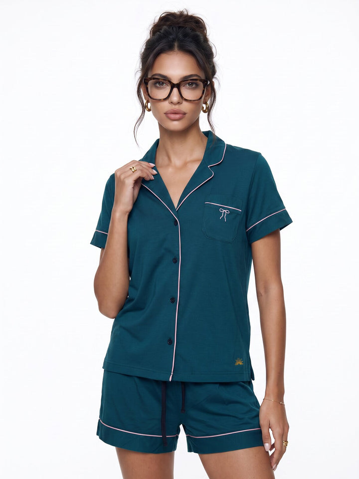 Pyjama Set Shorty - Kate Bow mit Kragen Knopfleiste und Schleifen Stickerei