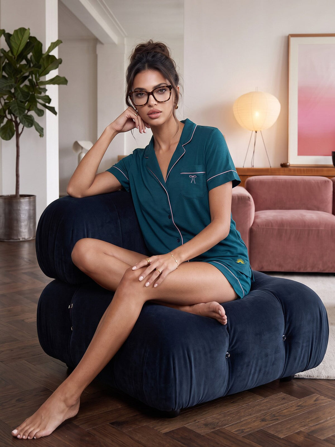 Pyjama Set Shorty - Kate Bow mit Kragen Knopfleiste und Schleifen Stickerei