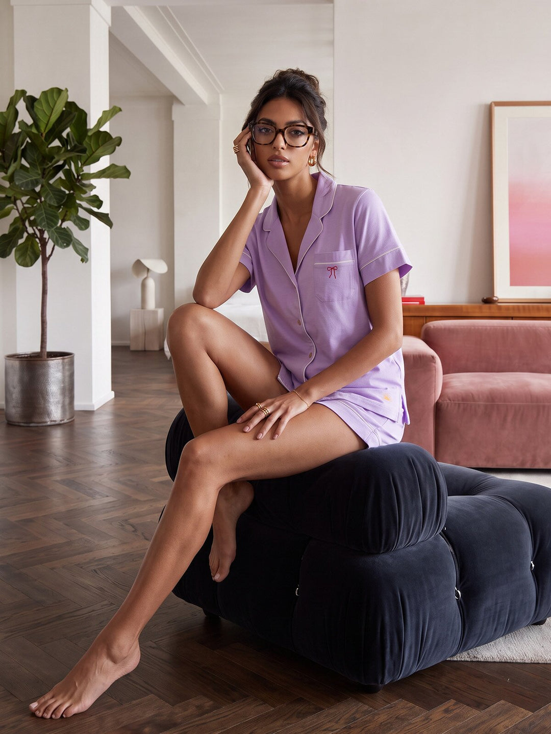 Pyjama Set Shorty - Kate Bow mit Kragen Knopfleiste und Schleifen Stickerei