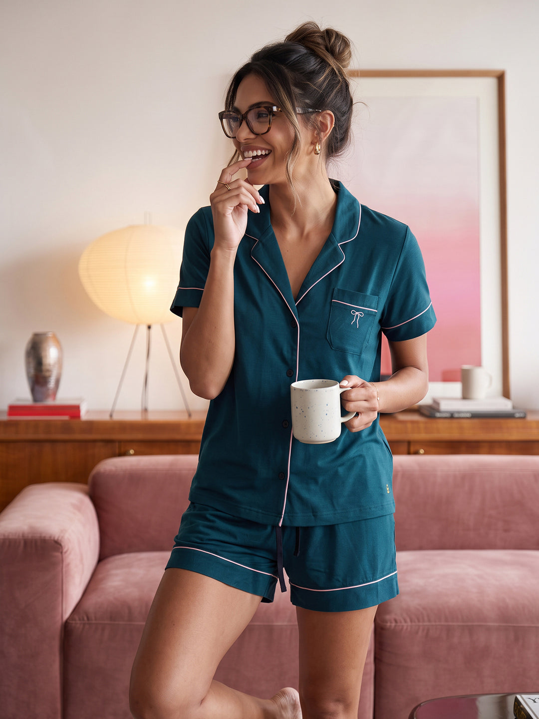 Pyjama Set Shorty - Kate Bow with Collar, Button Placket, and Bow Embroidery