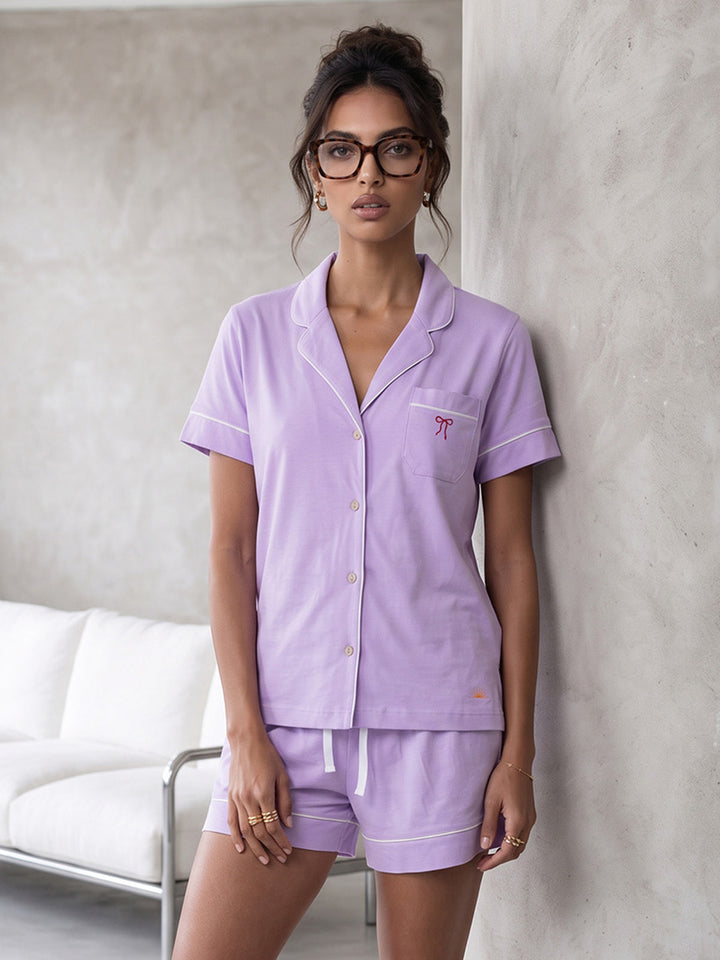 Pyjama Set Shorty - Kate Bow with Collar, Button Placket, and Bow Embroidery