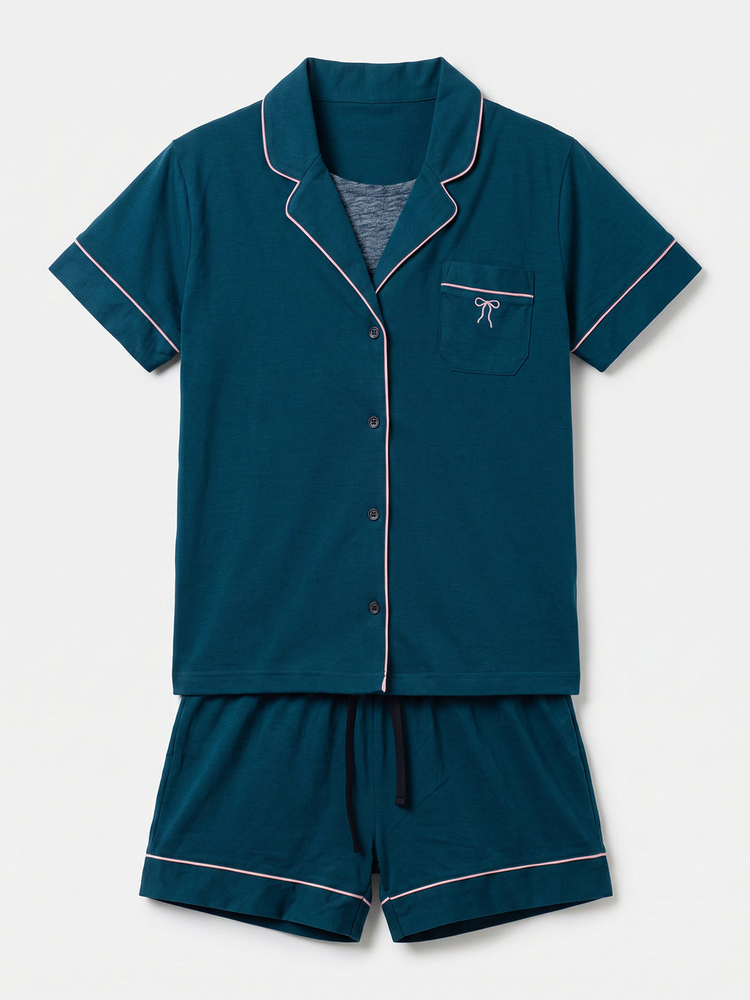 Pyjama Set Shorty - Kate Bow with Collar, Button Placket, and Bow Embroidery