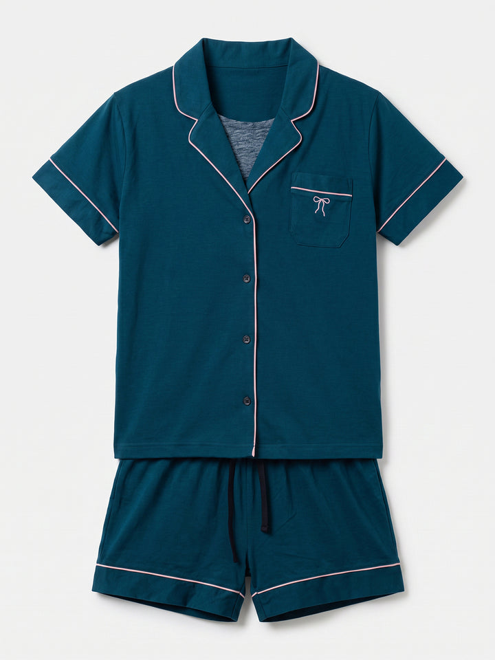 Pyjama Set Shorty - Kate Bow with Collar, Button Placket, and Bow Embroidery