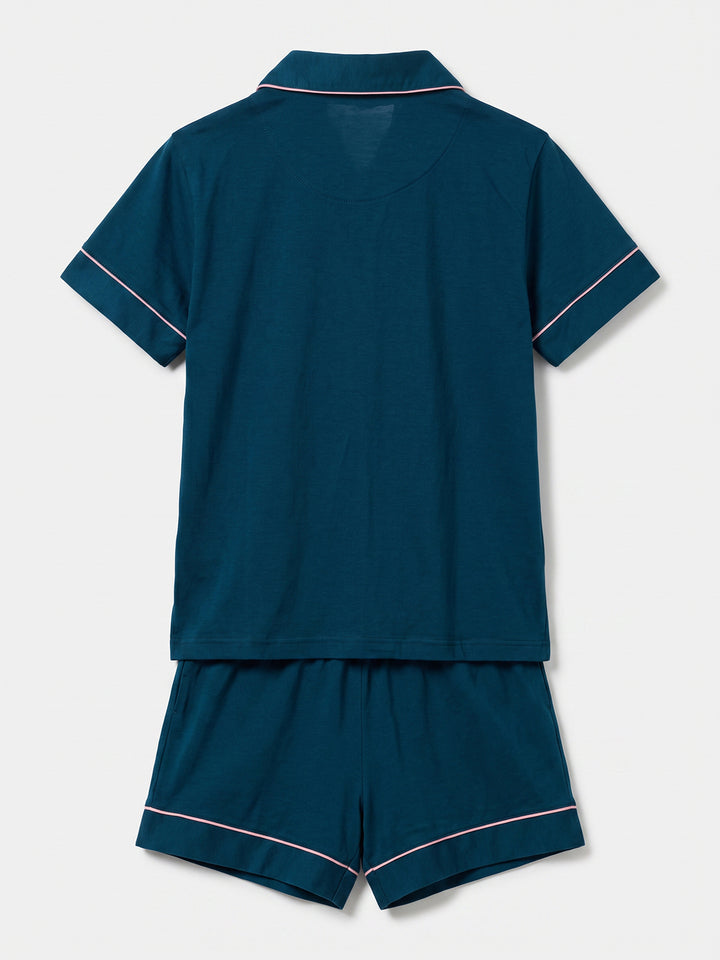 Pyjama Set Shorty - Kate Bow with Collar, Button Placket, and Bow Embroidery