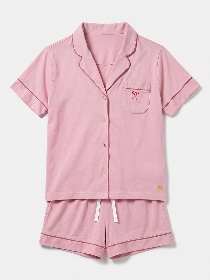 Pyjama Set Shorty - Kate Bow with Collar, Button Placket, and Bow Embroidery