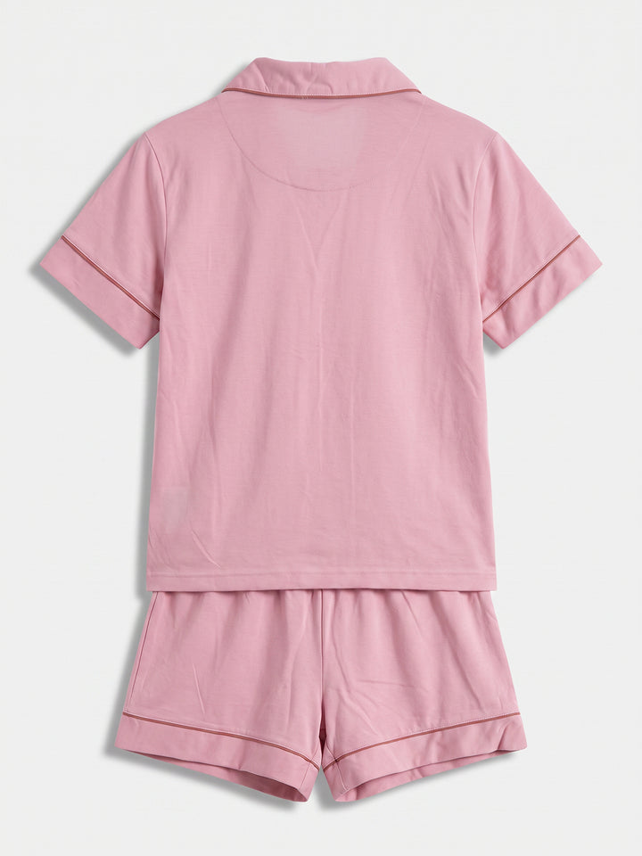 Pyjama Set Shorty - Kate Bow with Collar, Button Placket, and Bow Embroidery