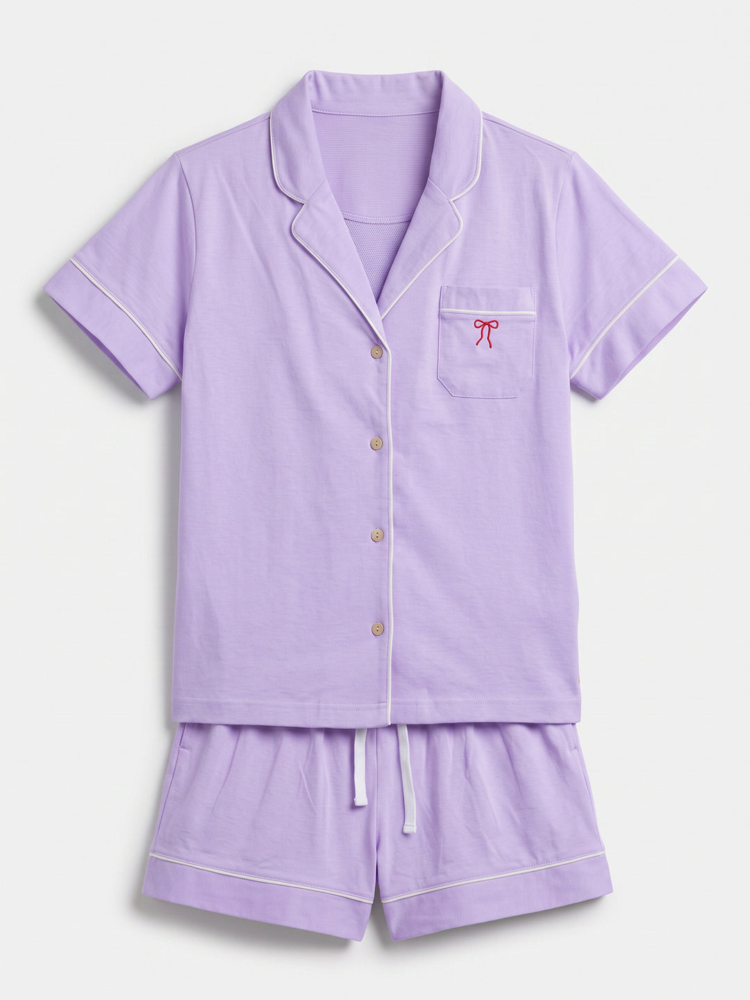 Pyjama Set Shorty - Kate Bow with Collar, Button Placket, and Bow Embroidery