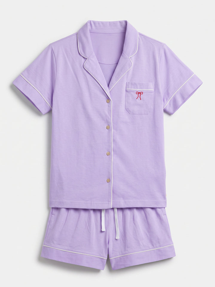 Pyjama Set Shorty - Kate Bow with Collar, Button Placket, and Bow Embroidery