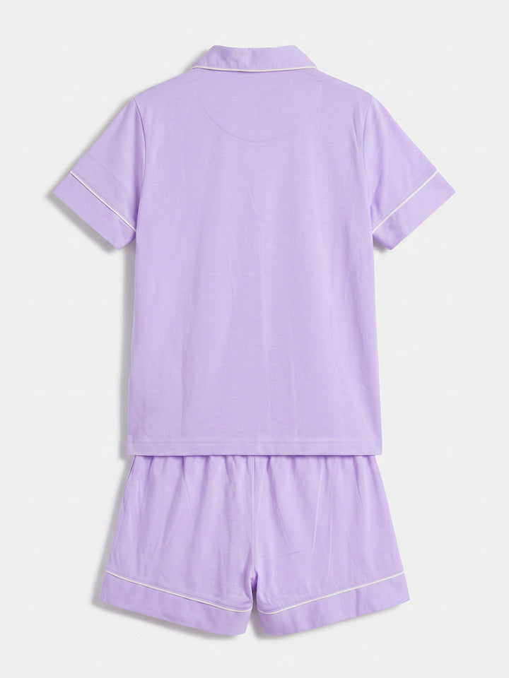 Pyjama Set Shorty - Kate Bow with Collar, Button Placket, and Bow Embroidery