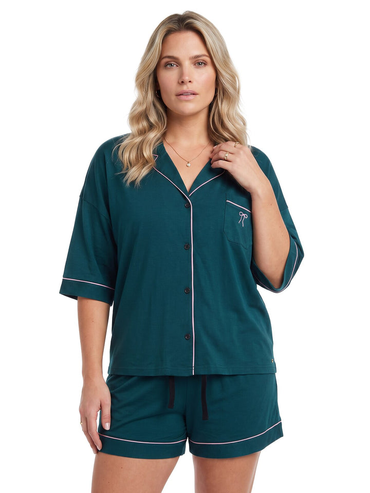 Oversize Pyjama Set Shorty - Corie mit Kragen durchgeknöpft 1/2 Arm einfarbig
