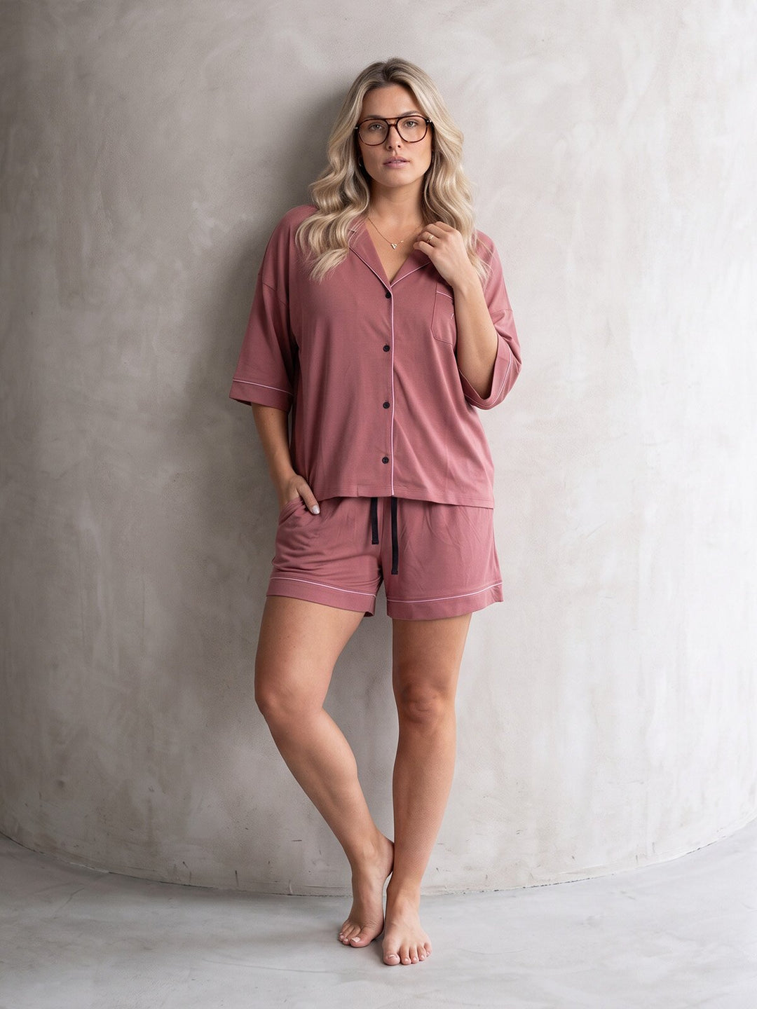 Oversize Pyjama Set Shorty - Corie mit Kragen durchgeknöpft 1/2 Arm einfarbig