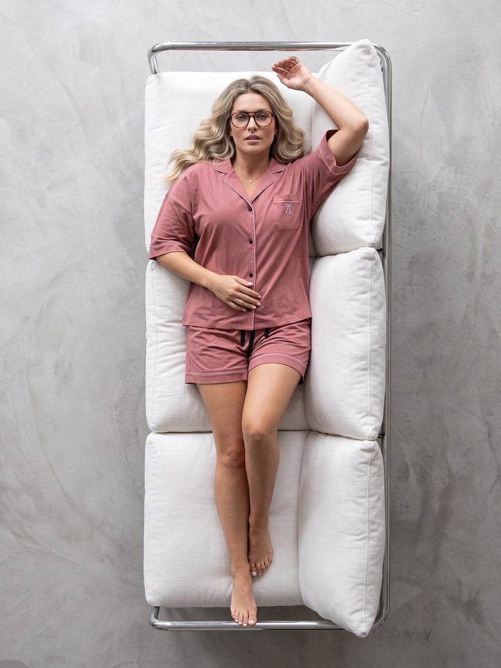 Oversize Pyjama Set Shorty - Corie mit Kragen durchgeknöpft 1/2 Arm einfarbig