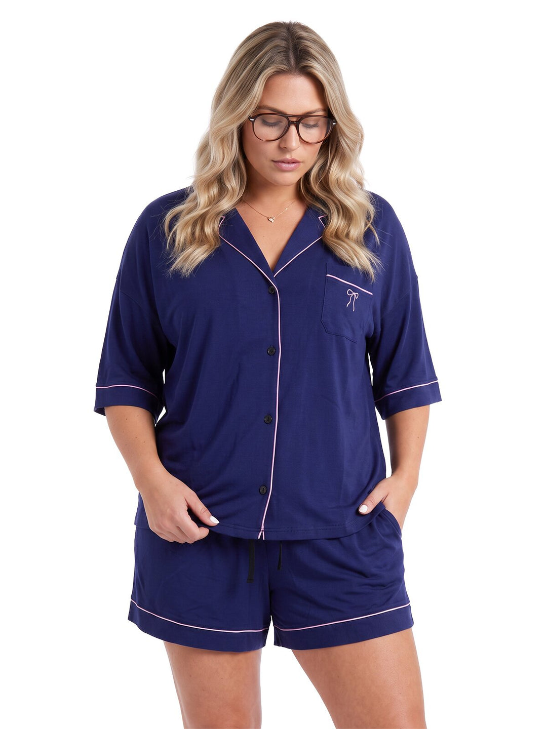 Oversize Pyjama Set Shorty - Corie mit Kragen durchgeknöpft 1/2 Arm einfarbig