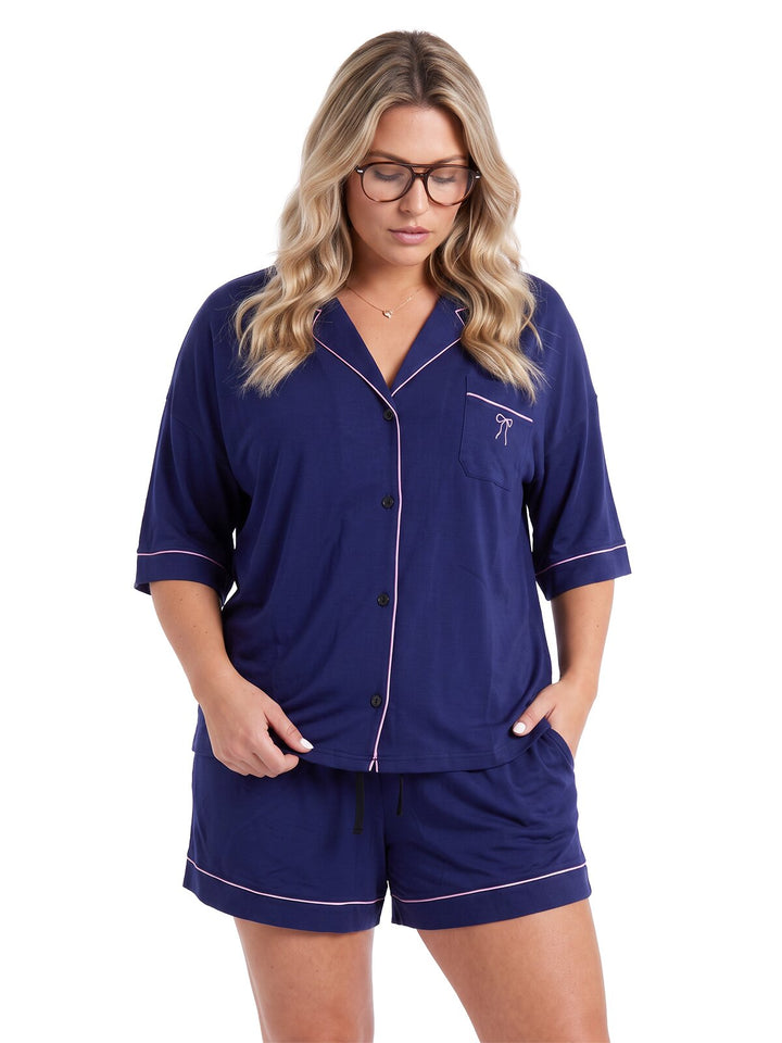 Oversize Pyjama Set Shorty - Corie mit Kragen durchgeknöpft 1/2 Arm einfarbig