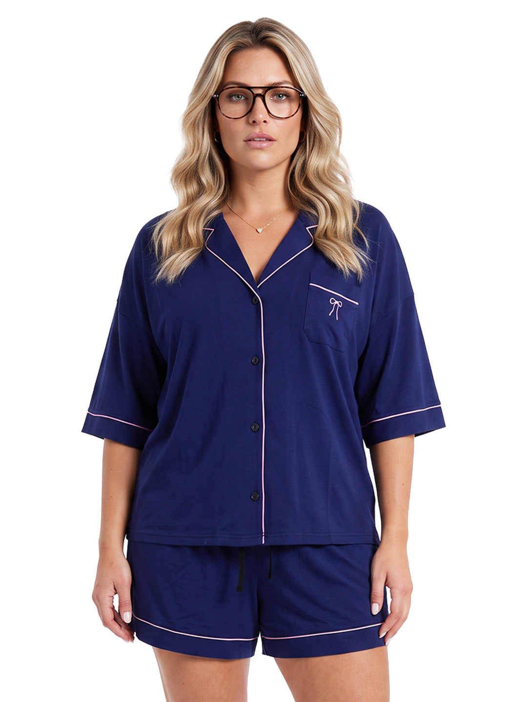 Oversize Pyjama Set Shorty - Corie Kragen durchgeknöpft 1/2 Arm einfarbig