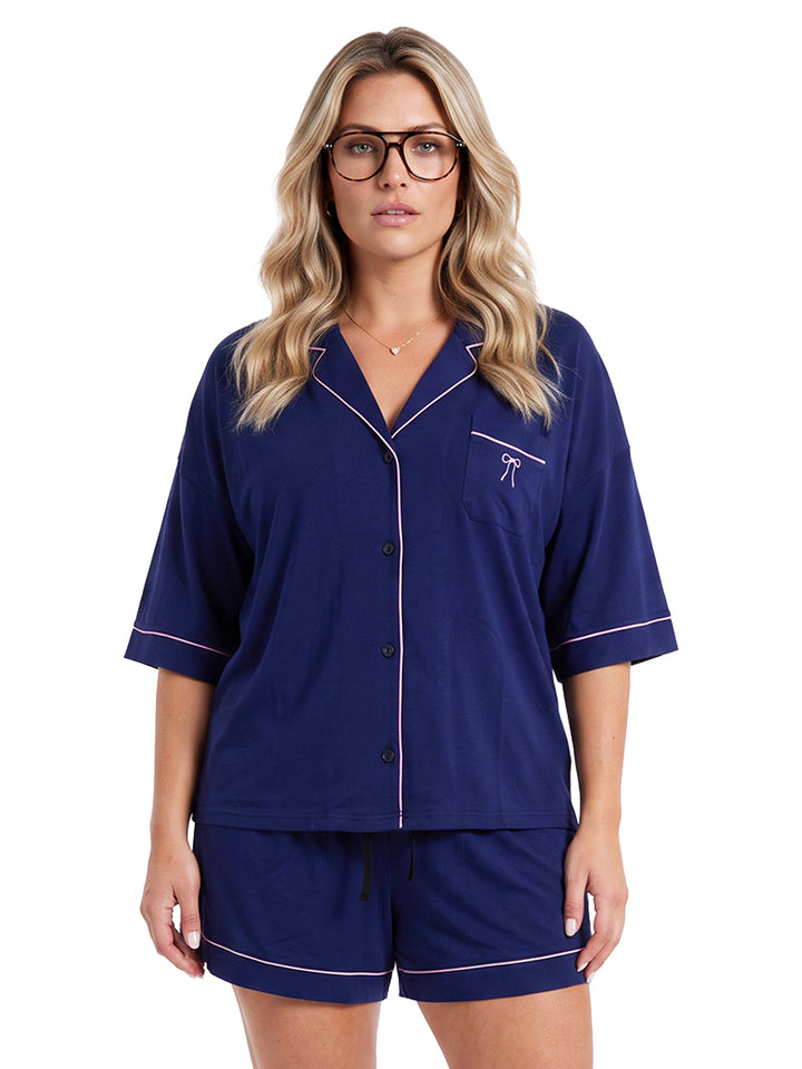 Oversize Pyjama Set Shorty - Corie Kragen durchgeknöpft 1/2 Arm einfarbig