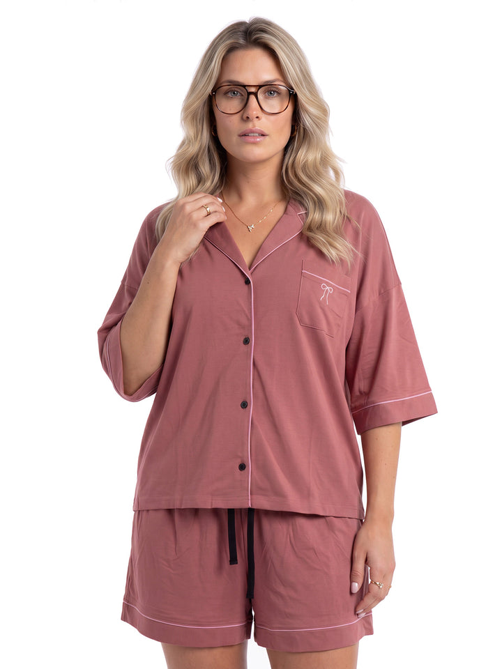 Oversize Pyjama Set Shorty - Corie Kragen durchgeknöpft 1/2 Arm einfarbig