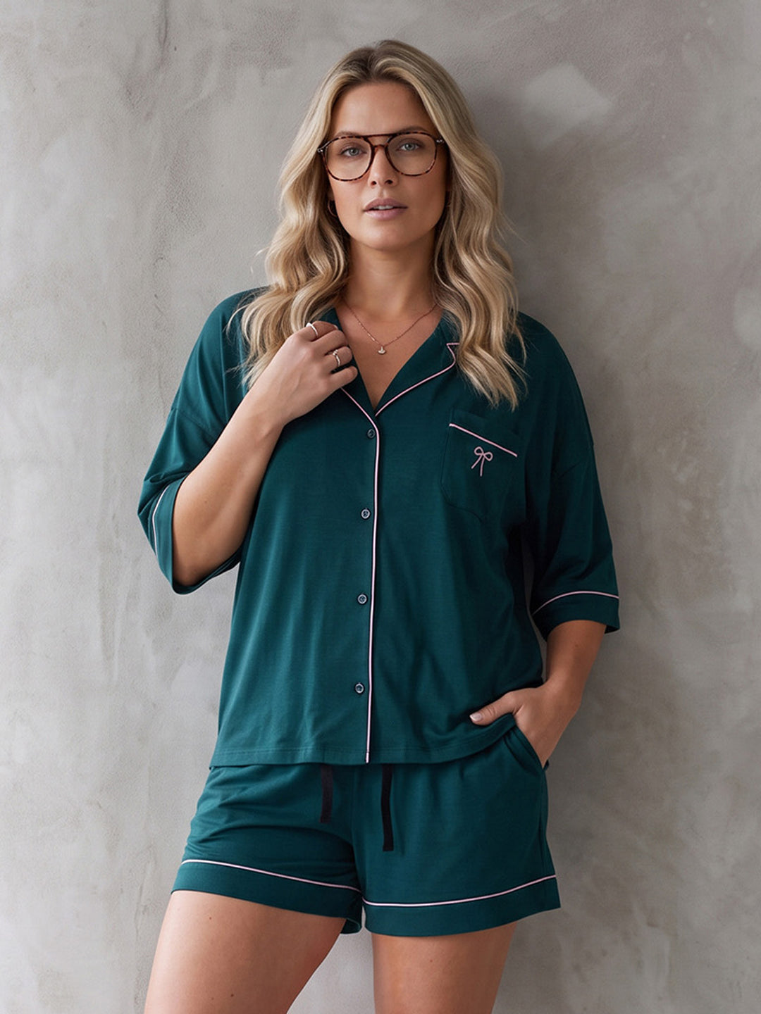 Oversize Pyjama Set Shorty - Corie Kragen durchgeknöpft 1/2 Arm einfarbig