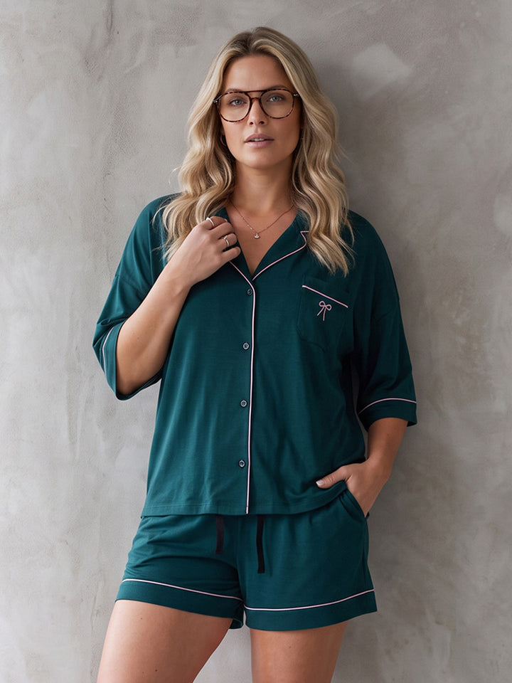Oversize Pyjama Set Shorty - Corie Kragen durchgeknöpft 1/2 Arm einfarbig