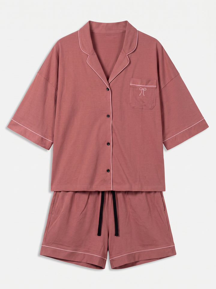 Oversize Pyjama Set Shorty - Corie Kragen durchgeknöpft 1/2 Arm einfarbig