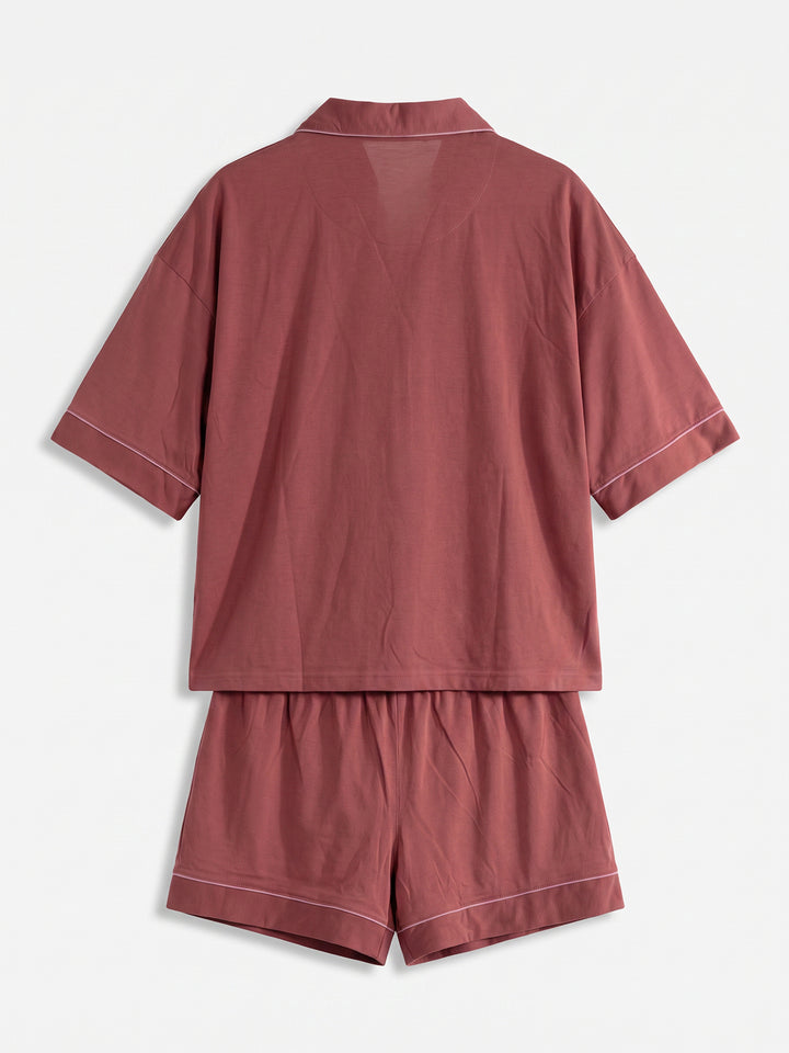 Oversize Pyjama Set Shorty - Corie Kragen durchgeknöpft 1/2 Arm einfarbig