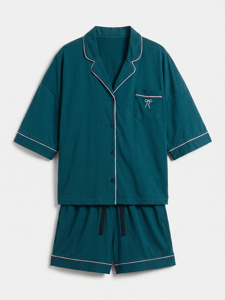 Oversize Pyjama Set Shorty - Corie Kragen durchgeknöpft 1/2 Arm einfarbig