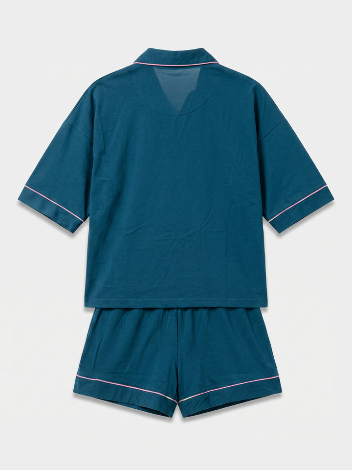 Oversize Pyjama Set Shorty - Corie Kragen durchgeknöpft 1/2 Arm einfarbig