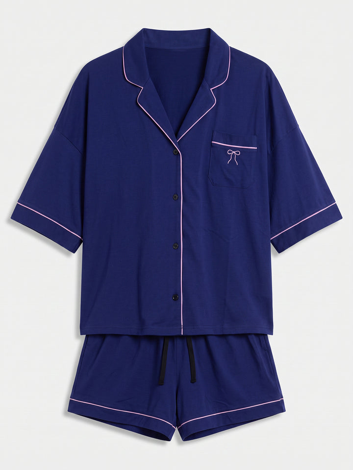 Oversize Pyjama Set Shorty - Corie Kragen durchgeknöpft 1/2 Arm einfarbig