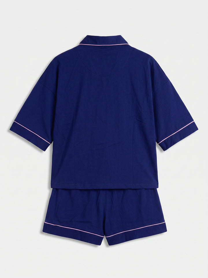 Oversize Pyjama Set Shorty - Corie Kragen durchgeknöpft 1/2 Arm einfarbig
