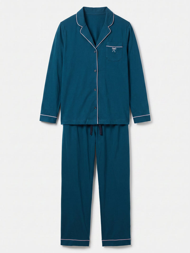 Pyjama Set - Ruby mit Kragen Knopfleiste und Stickerei