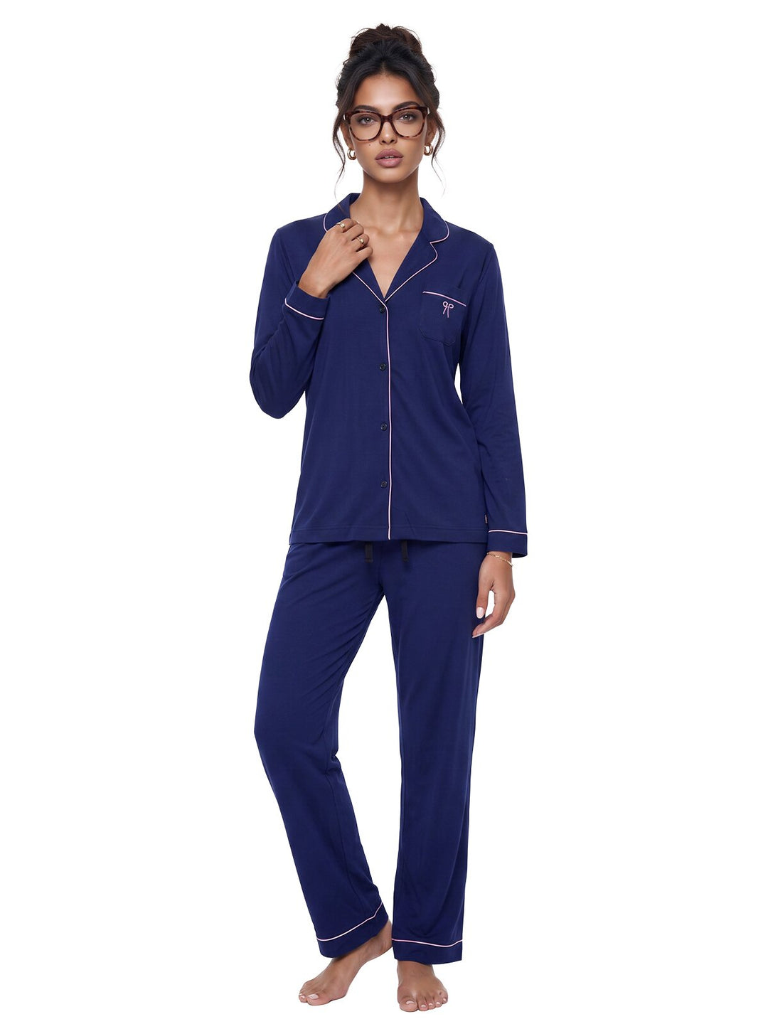 Pyjama Set - Ruby mit Kragen Knopfleiste und Stickerei