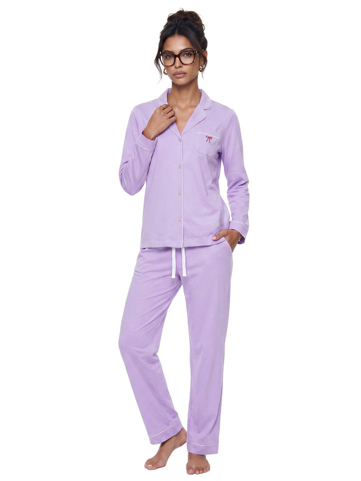 Pyjama Set - Ruby mit Kragen Knopfleiste und Stickerei