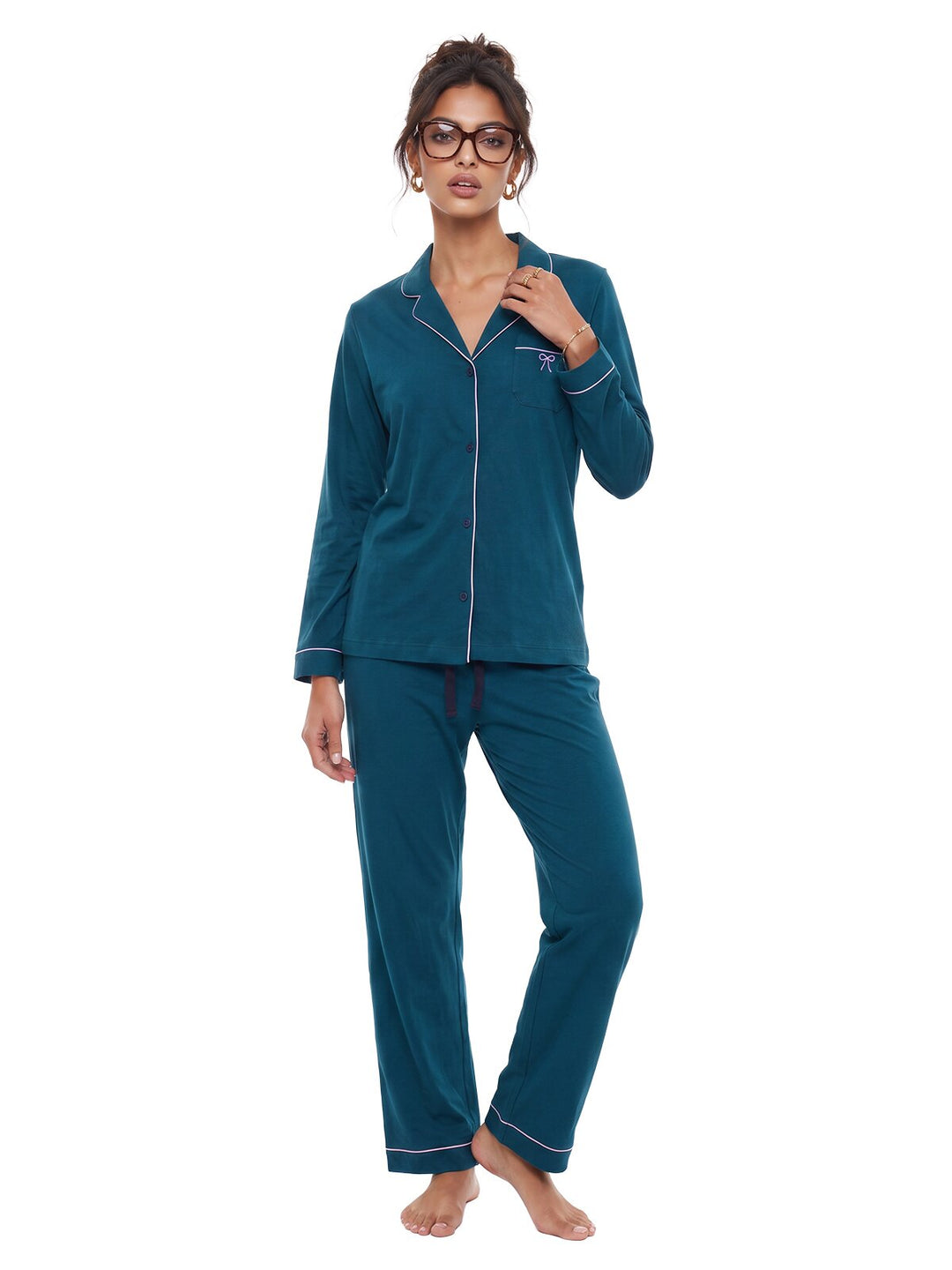 Pyjama Set - Ruby mit Kragen Knopfleiste und Stickerei