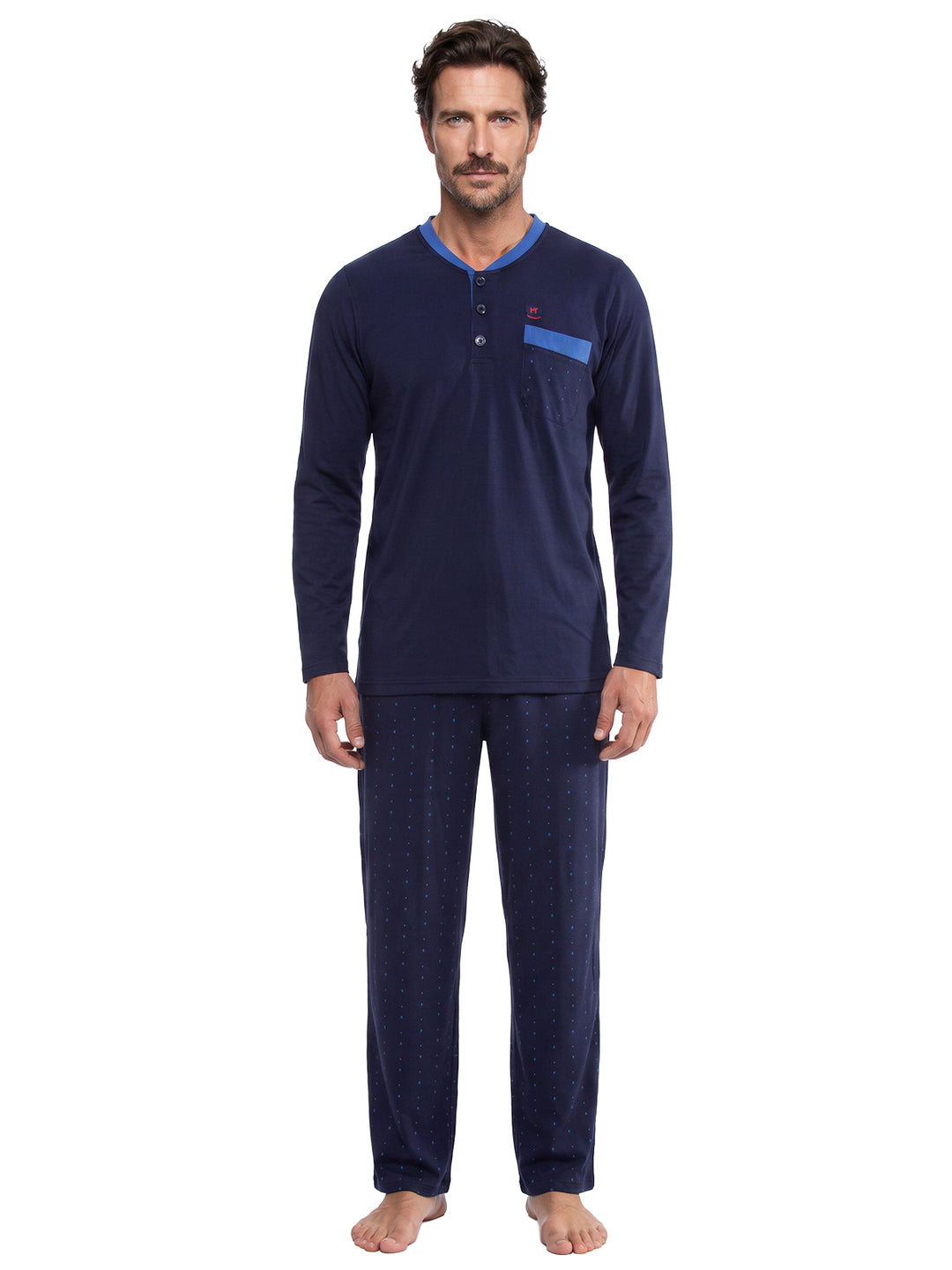 Pyjama Set Langarm - Bruno Stehkragen Uni Tupfen-Hose