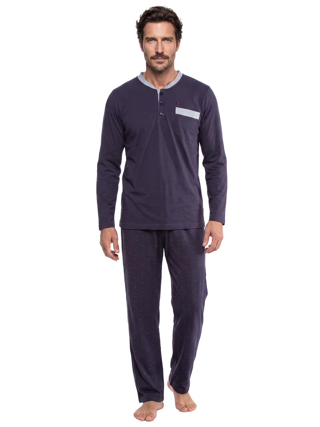Pyjama Set Langarm - Bruno Stehkragen Uni Tupfen-Hose