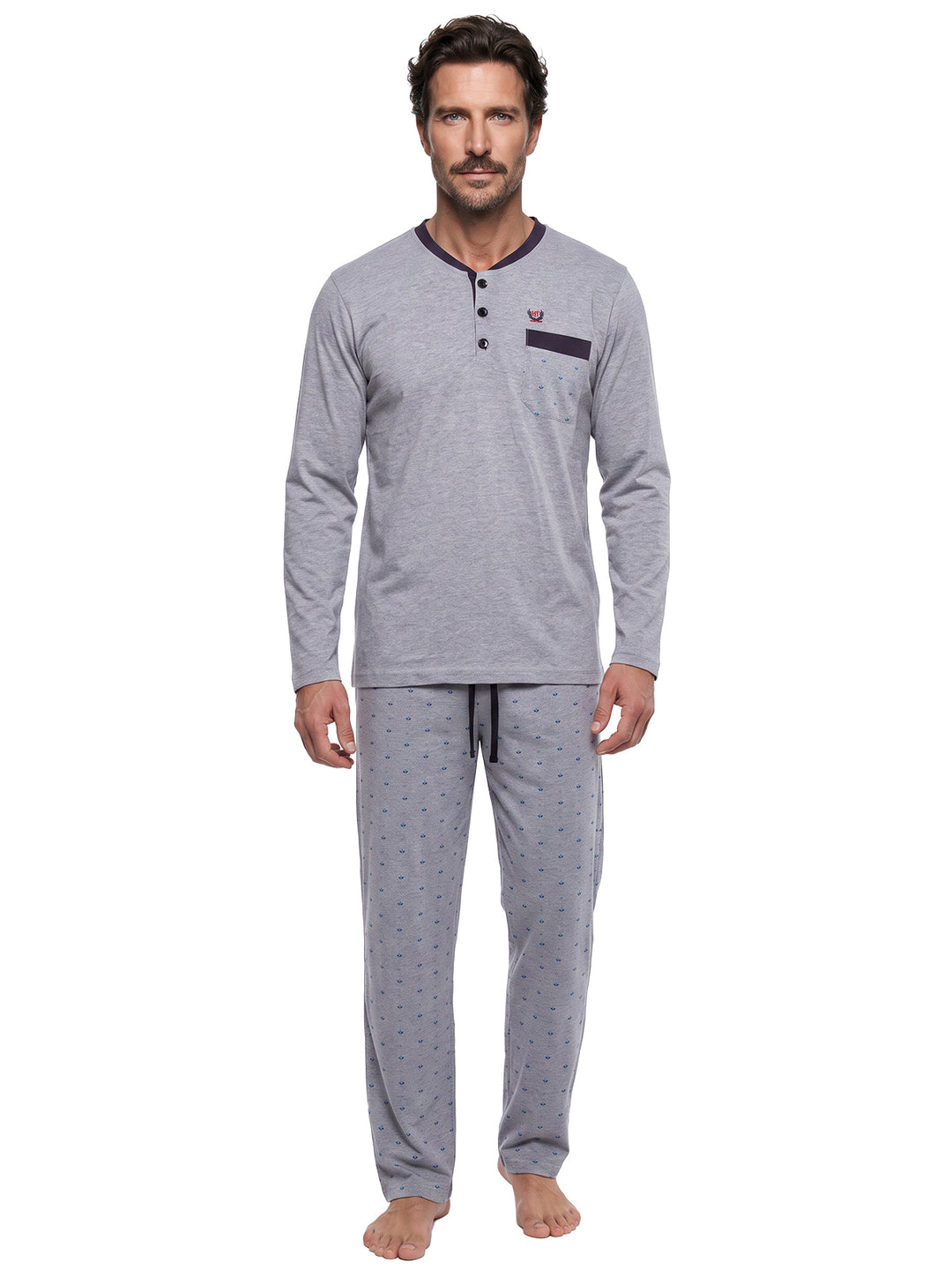 Pyjama Set Langarm - Bruno Stehkragen Uni Tupfen-Hose