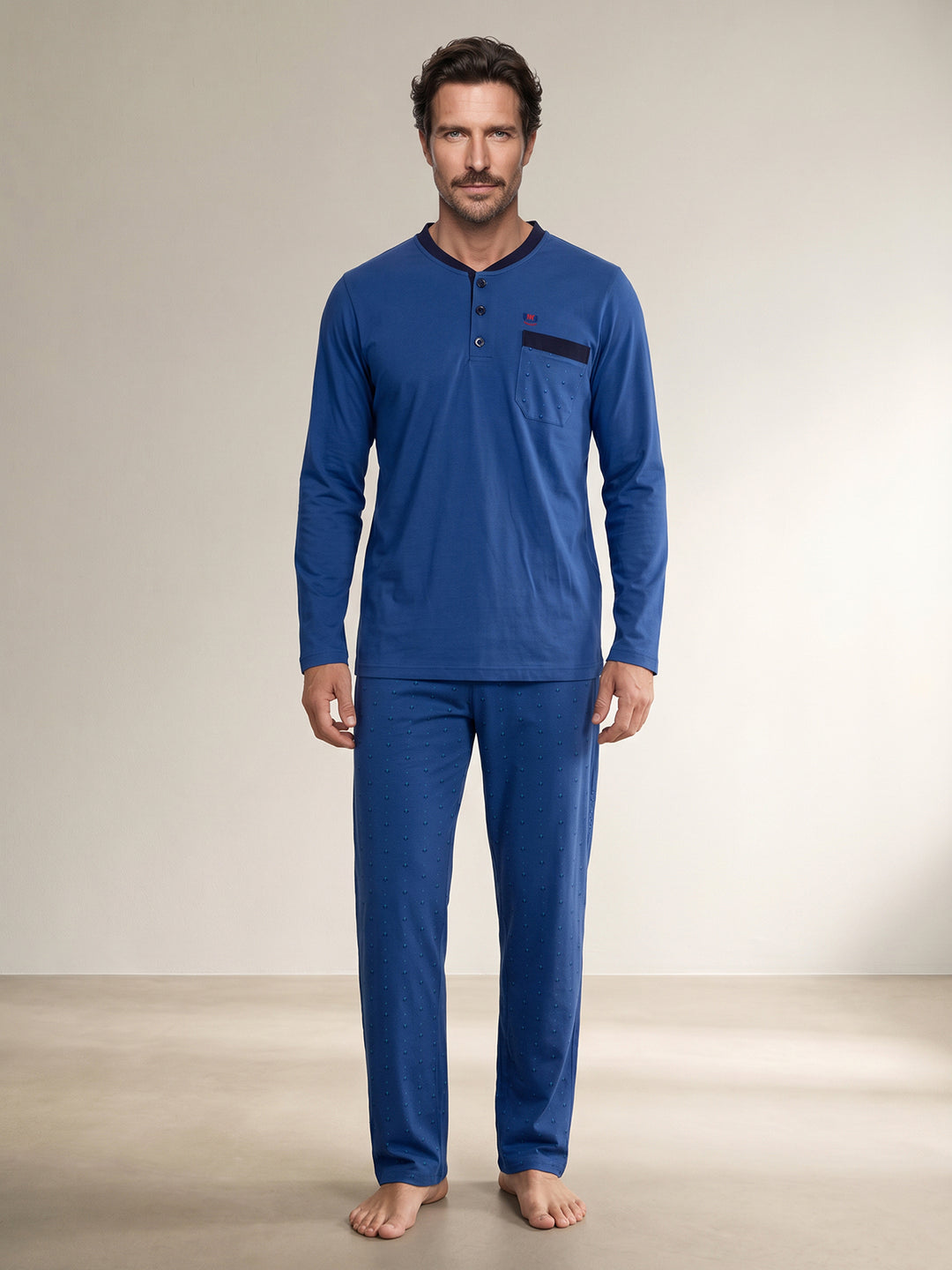 Pyjama Set Langarm - Bruno Stehkragen Uni Tupfen-Hose