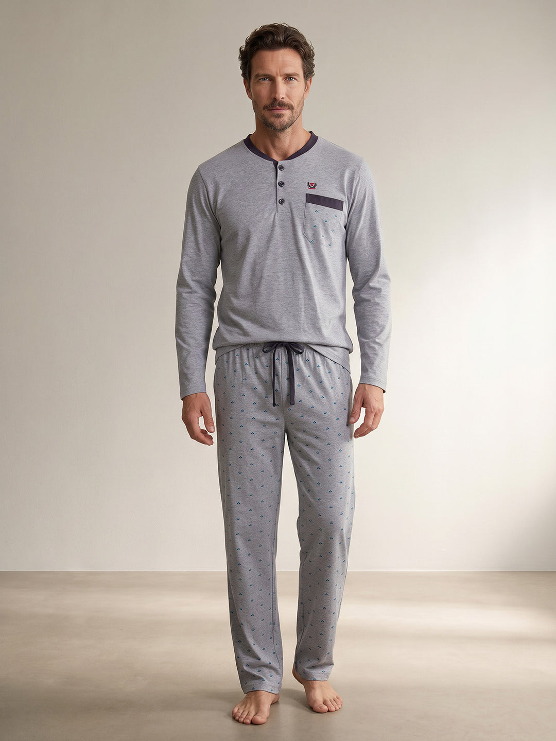 Pyjama Set Langarm - Bruno Stehkragen Uni Tupfen-Hose