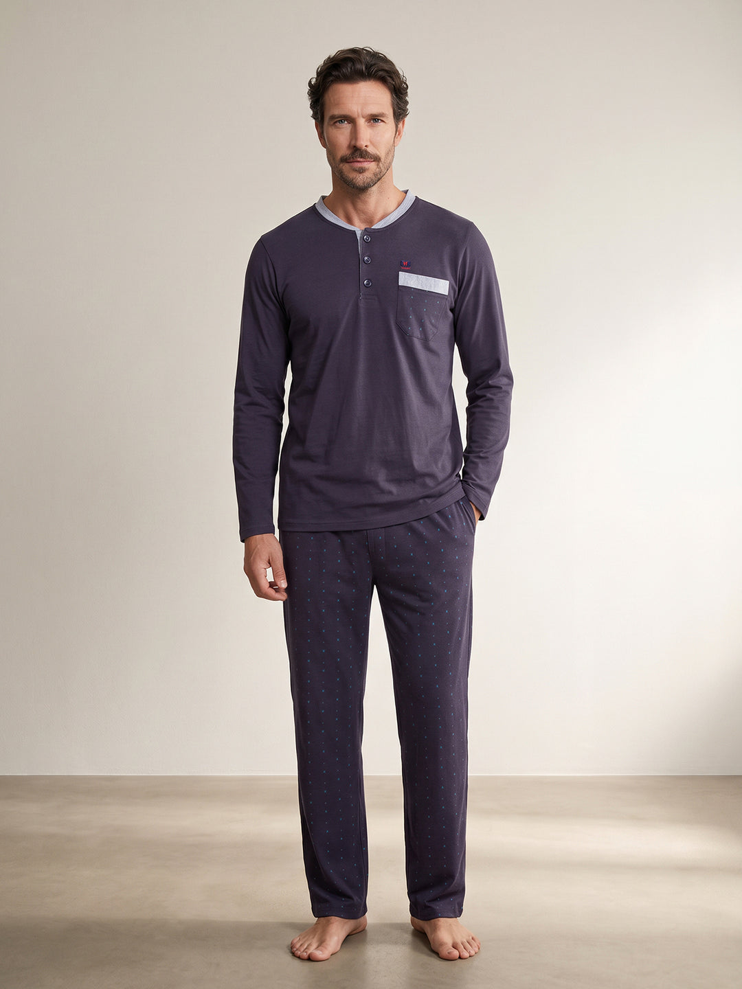 Pyjama Set Langarm - Bruno Stehkragen Uni Tupfen-Hose