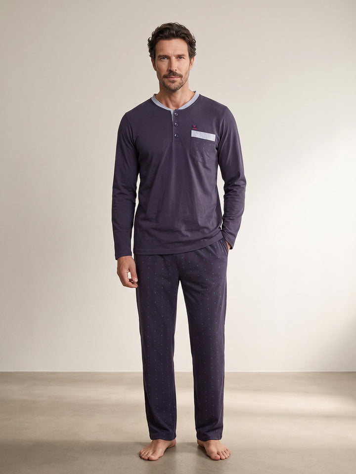 Pyjama Set Langarm - Bruno Stehkragen Uni Tupfen-Hose