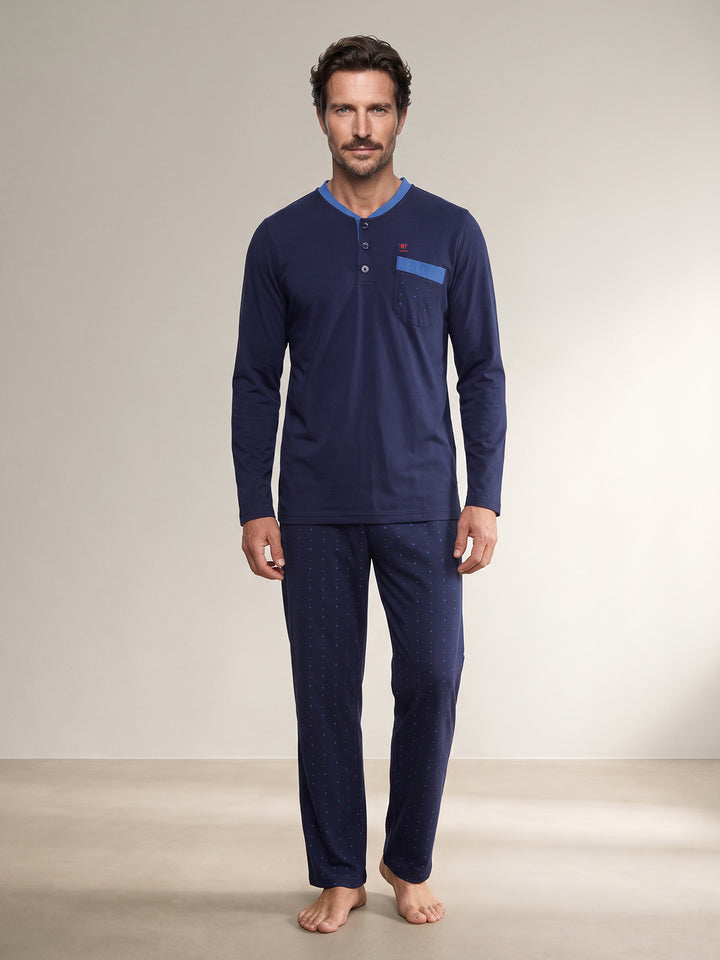 Pyjama Set Langarm - Bruno Stehkragen Uni Tupfen-Hose