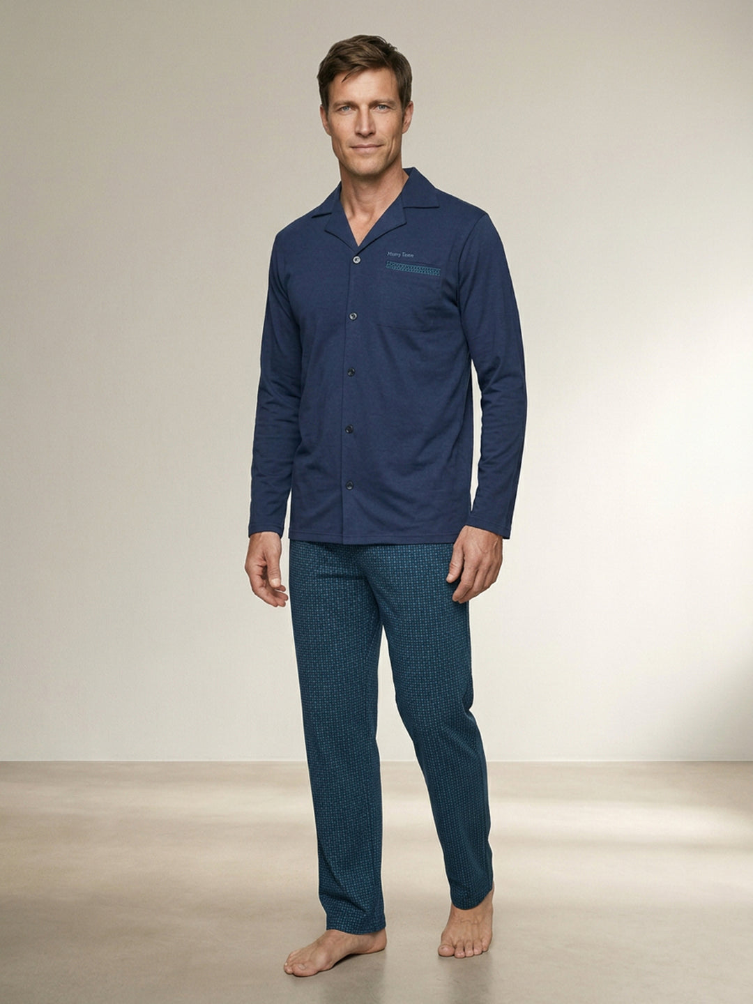 Long-sleeved pajama set - Kent top, solid color, patterned pants