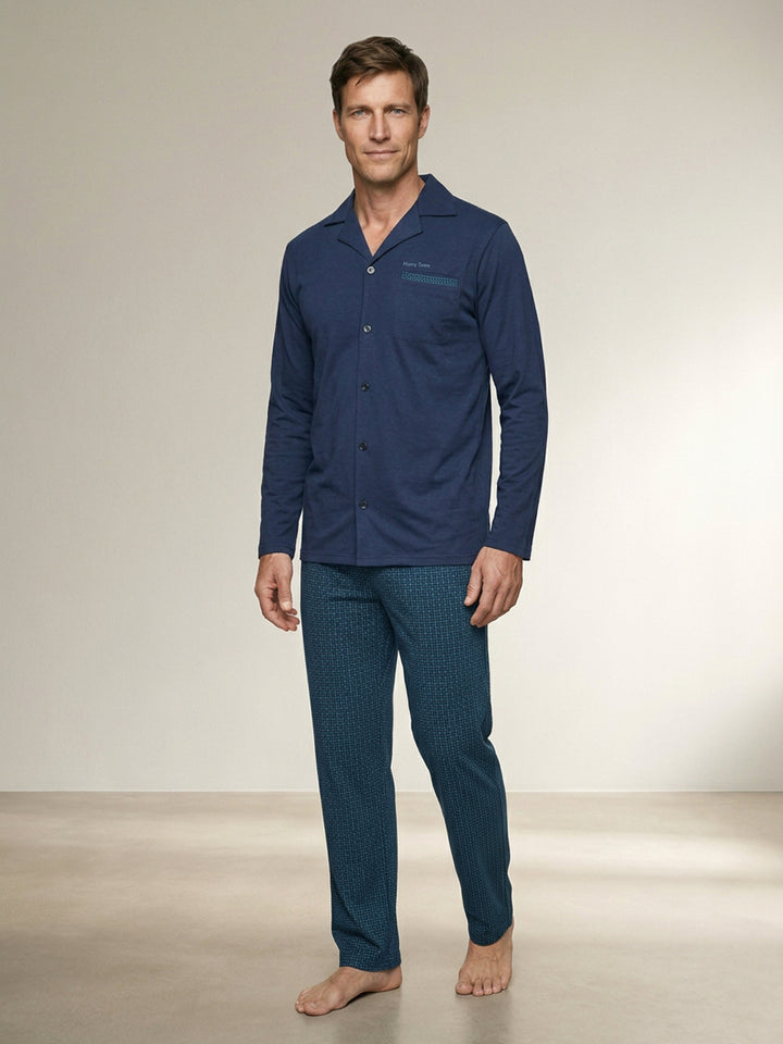 Long-sleeved pajama set - Kent top, solid color, patterned pants