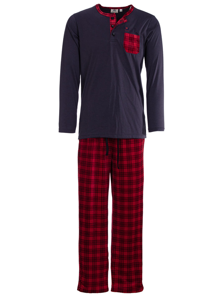Pyjama Set Langarm - Carlo Stehkragen Uni Karo-Hose