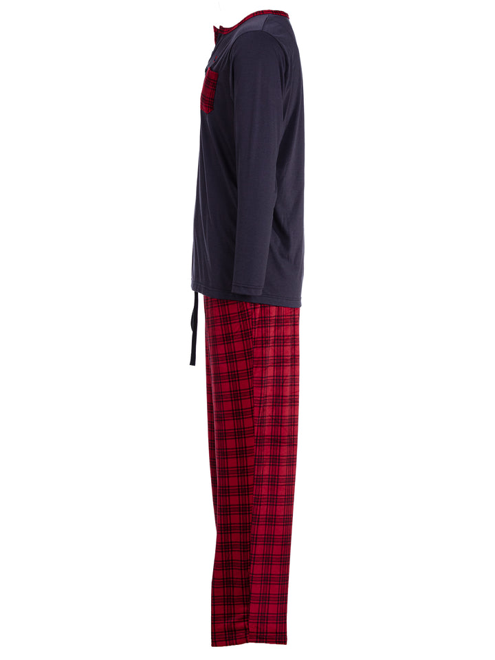 Pyjama Set Langarm - Carlo Stehkragen Uni Karo-Hose