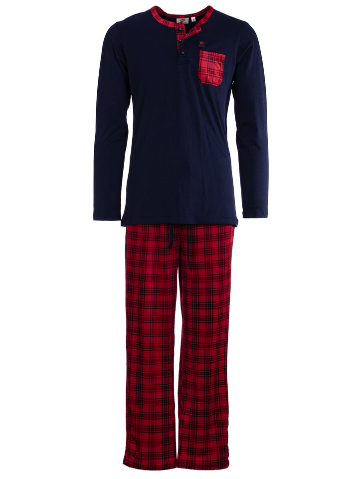 Pyjama Set Langarm - Carlo Stehkragen Uni Karo-Hose