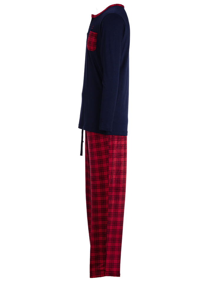 Pyjama Set Langarm - Carlo Stehkragen Uni Karo-Hose