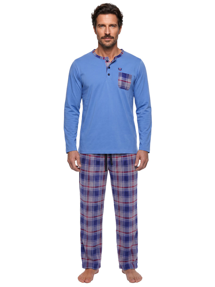 Pyjama Set Langarm - Carlo Stehkragen Uni Karo-Hose