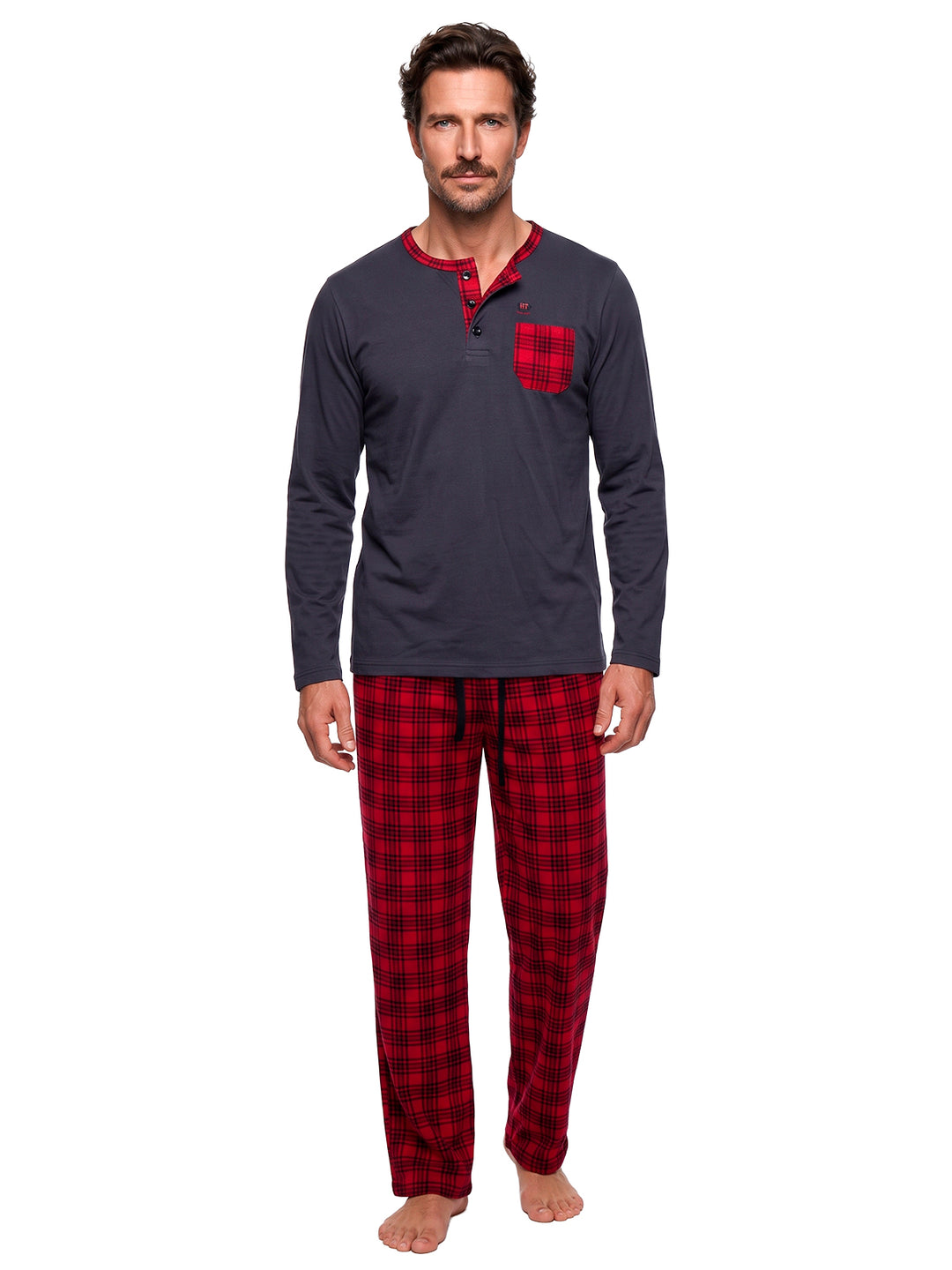 Pyjama Set Langarm - Carlo Stehkragen Uni Karo-Hose